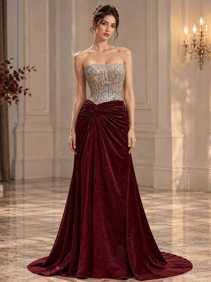 Luxury Wine Red Beaded Strapless Mermaid Evening Gown LA73970