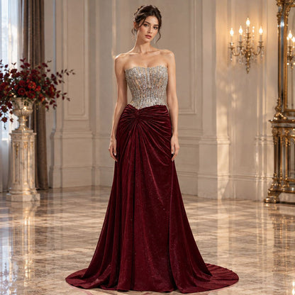 Luxury Wine Red Beaded Strapless Mermaid Evening Gown LA73970