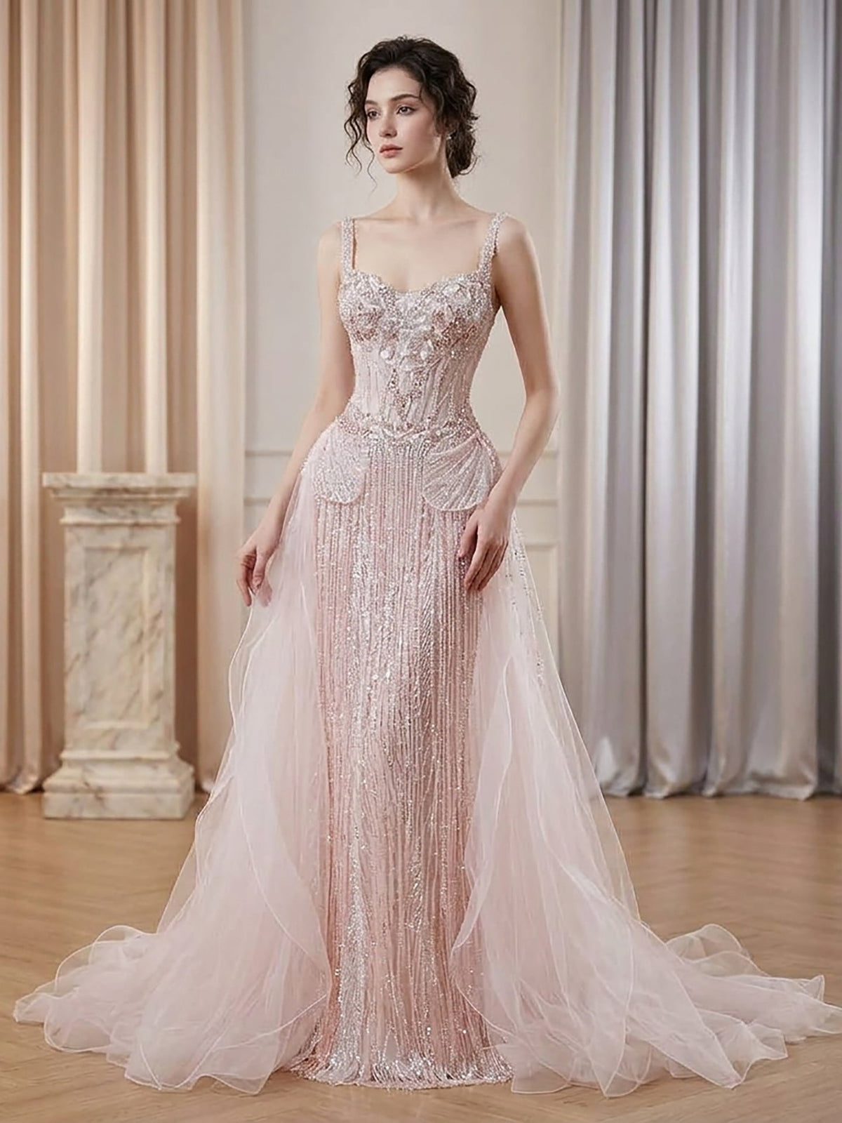 Pink Beaded Spaghetti Strap Mermaid Evening Dress LA73971