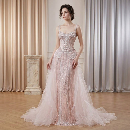 Pink Beaded Spaghetti Strap Mermaid Evening Dress LA73971