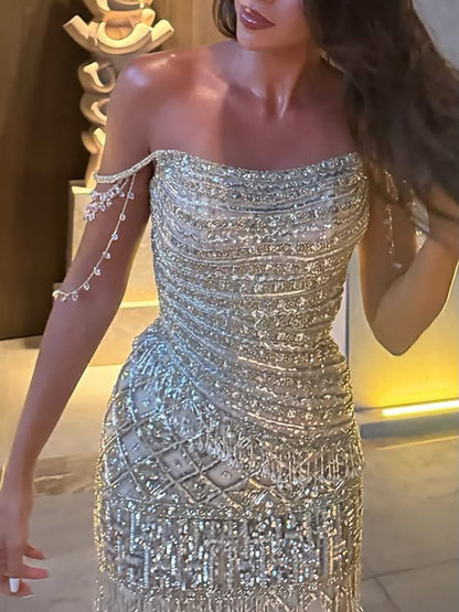 Gold Beaded Tassel Square Neck Mermaid Evening Dress LA73972