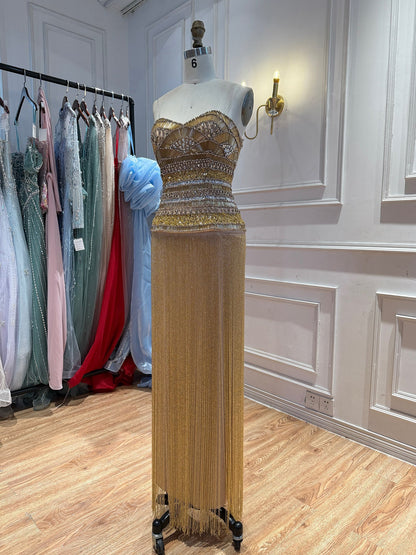 Gold Crystal Beaded Tassel Strapless Column Evening Dress LA73973