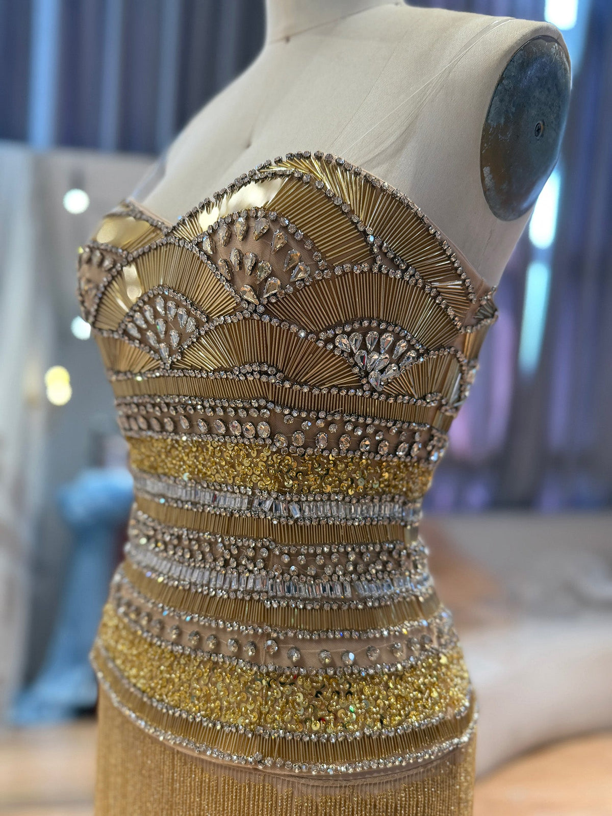 Gold Crystal Beaded Tassel Strapless Column Evening Dress LA73973