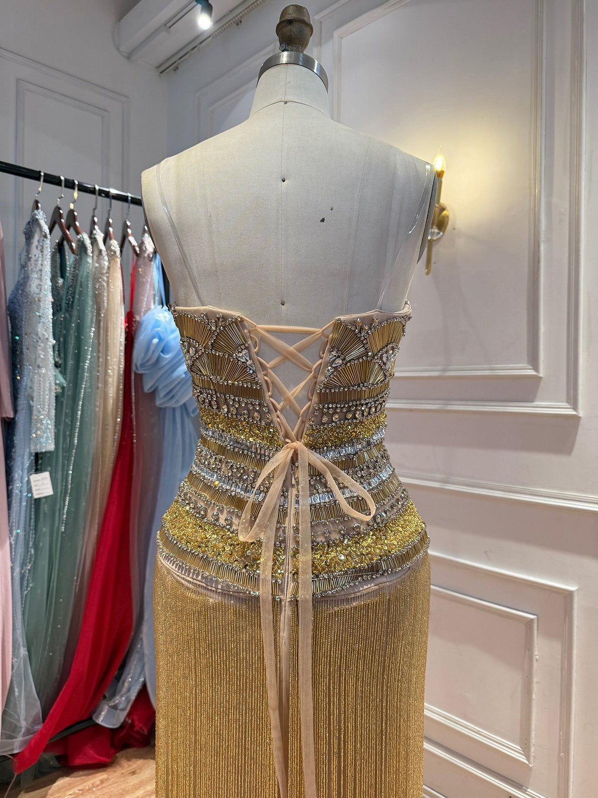 Gold Crystal Beaded Tassel Strapless Column Evening Dress LA73973