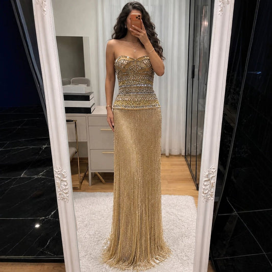 Gold Crystal Beaded Tassel Strapless Column Evening Dress LA73973