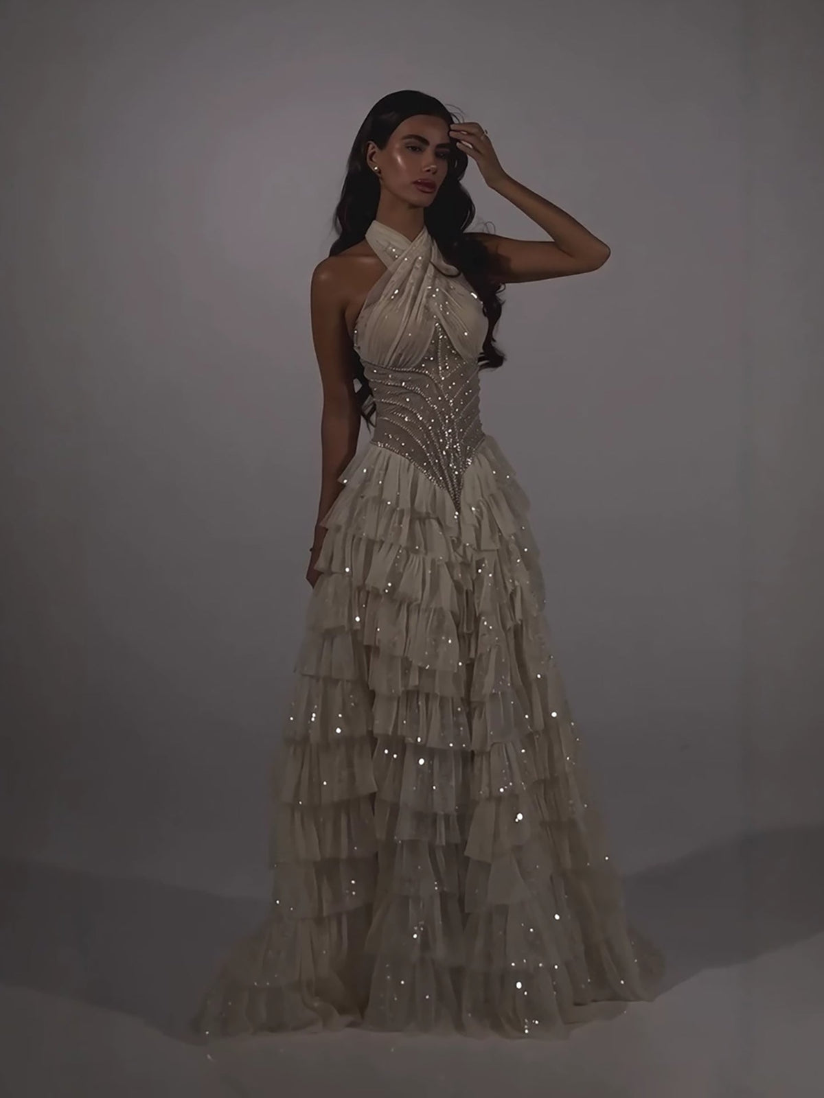 Beige Beaded Halter Tiered Ruffle A Line Evening Dress LA73977