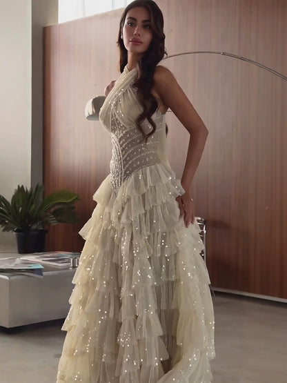 Beige Beaded Halter Tiered Ruffle A Line Evening Dress LA73977