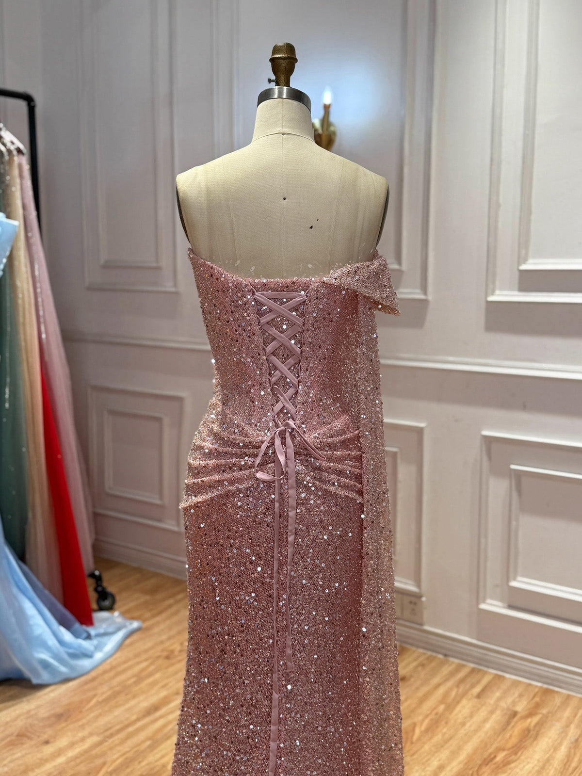 Pink Beaded One Shoulder Draped Waist Mermaid Dress LA73978