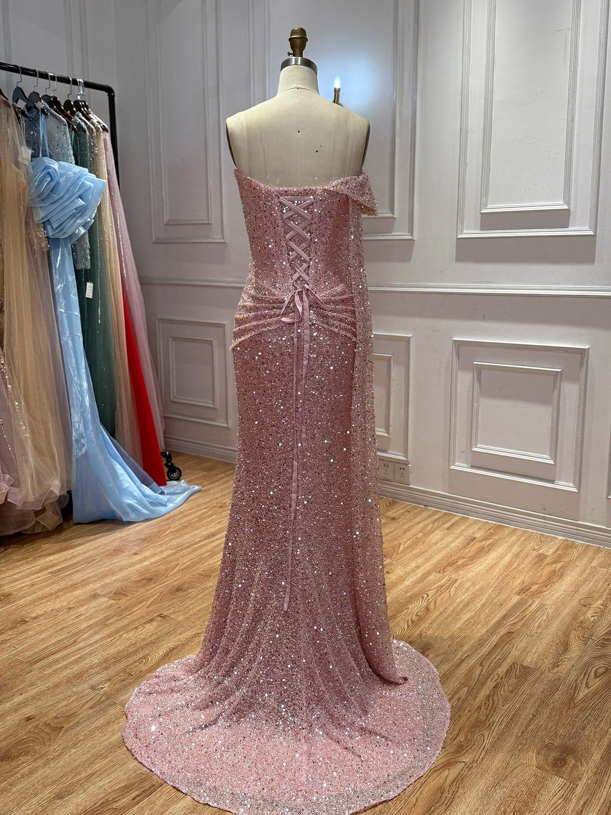 Pink Beaded One Shoulder Draped Waist Mermaid Dress LA73978