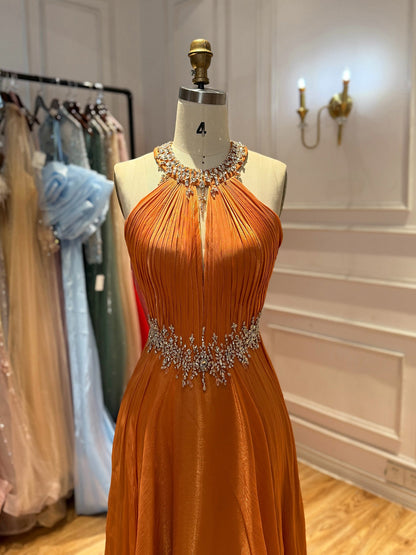 Luxury Orange Beaded Halter A Line Evening Gown LA73979