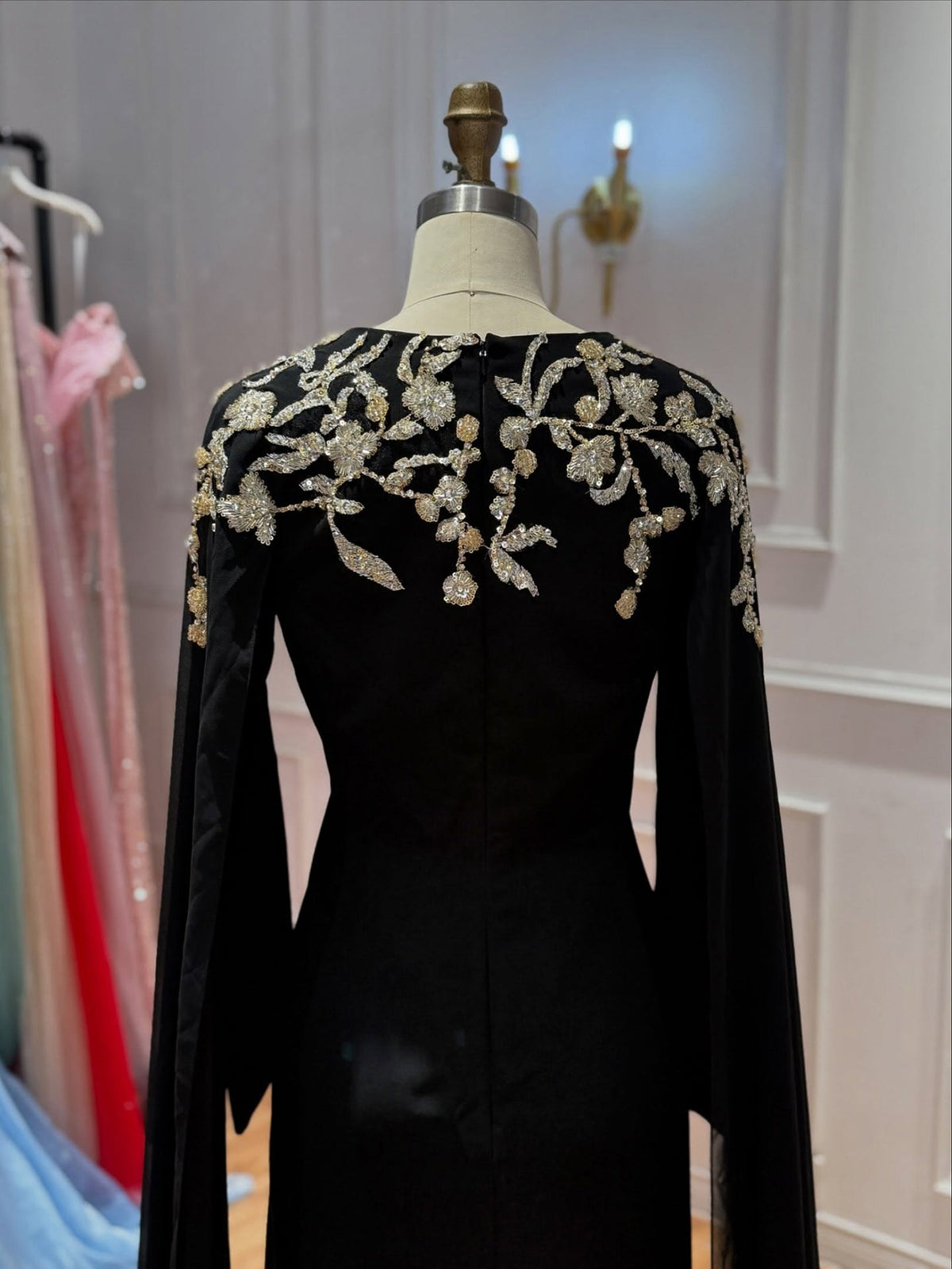 Black Beaded Embellished Cape Sleeves Evening Gown LA73980