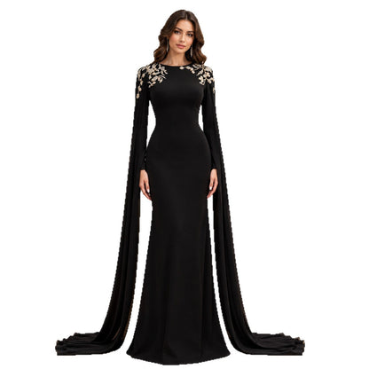 Black Beaded Embellished Cape Sleeves Evening Gown LA73980
