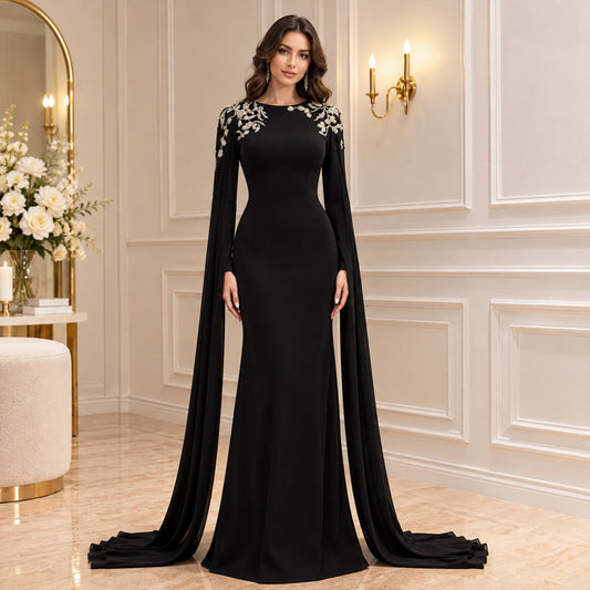Black Beaded Embellished Cape Sleeves Evening Gown LA73980