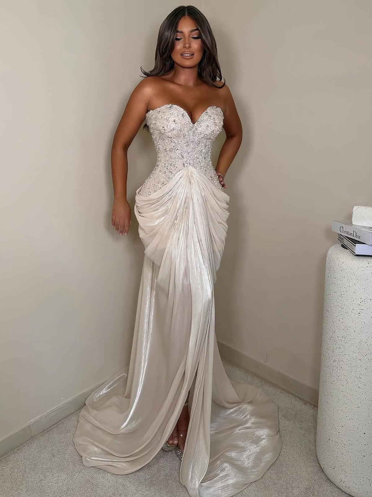 Beige Crystal Beaded Strapless Draped Mermaid Evening Dress LA73981