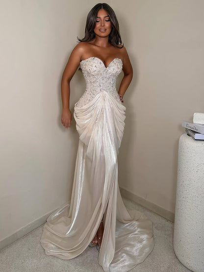 Beige Crystal Beaded Strapless Draped Mermaid Evening Dress LA73981