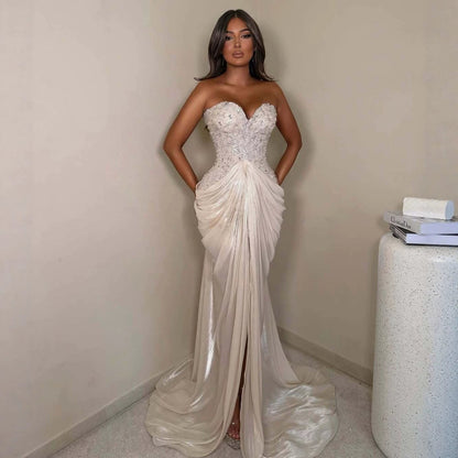 Beige Crystal Beaded Strapless Draped Mermaid Evening Dress LA73981