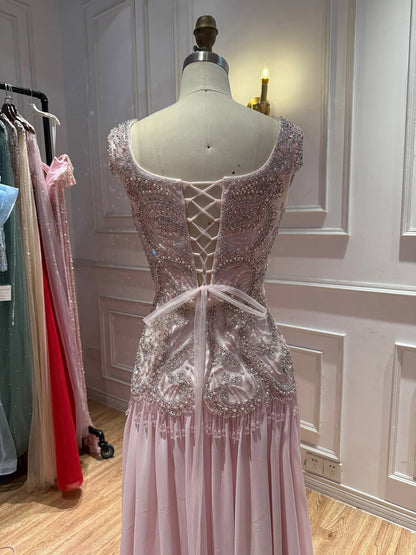 Luxury Pink Beaded Lace Up Back A Line Chiffon Dress LA73983