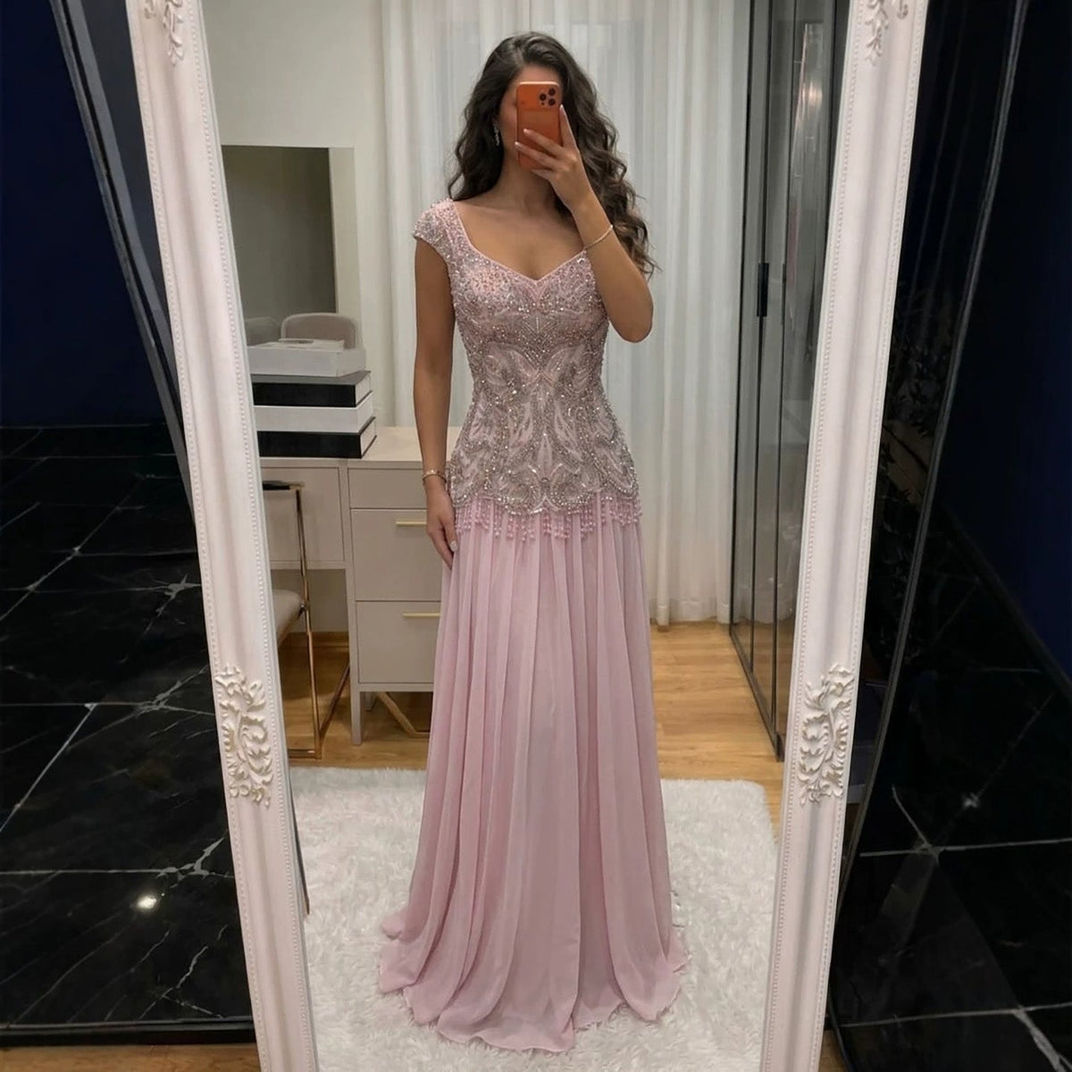 Luxury Pink Beaded Lace Up Back A Line Chiffon Dress LA73983