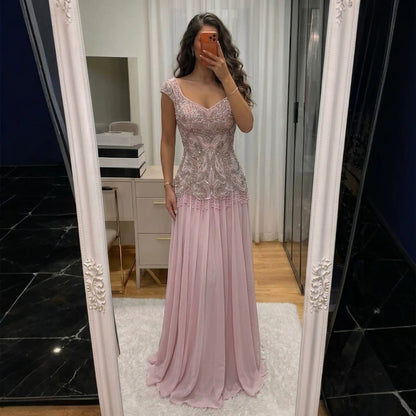 Luxury Pink Beaded Lace Up Back A Line Chiffon Dress LA73983