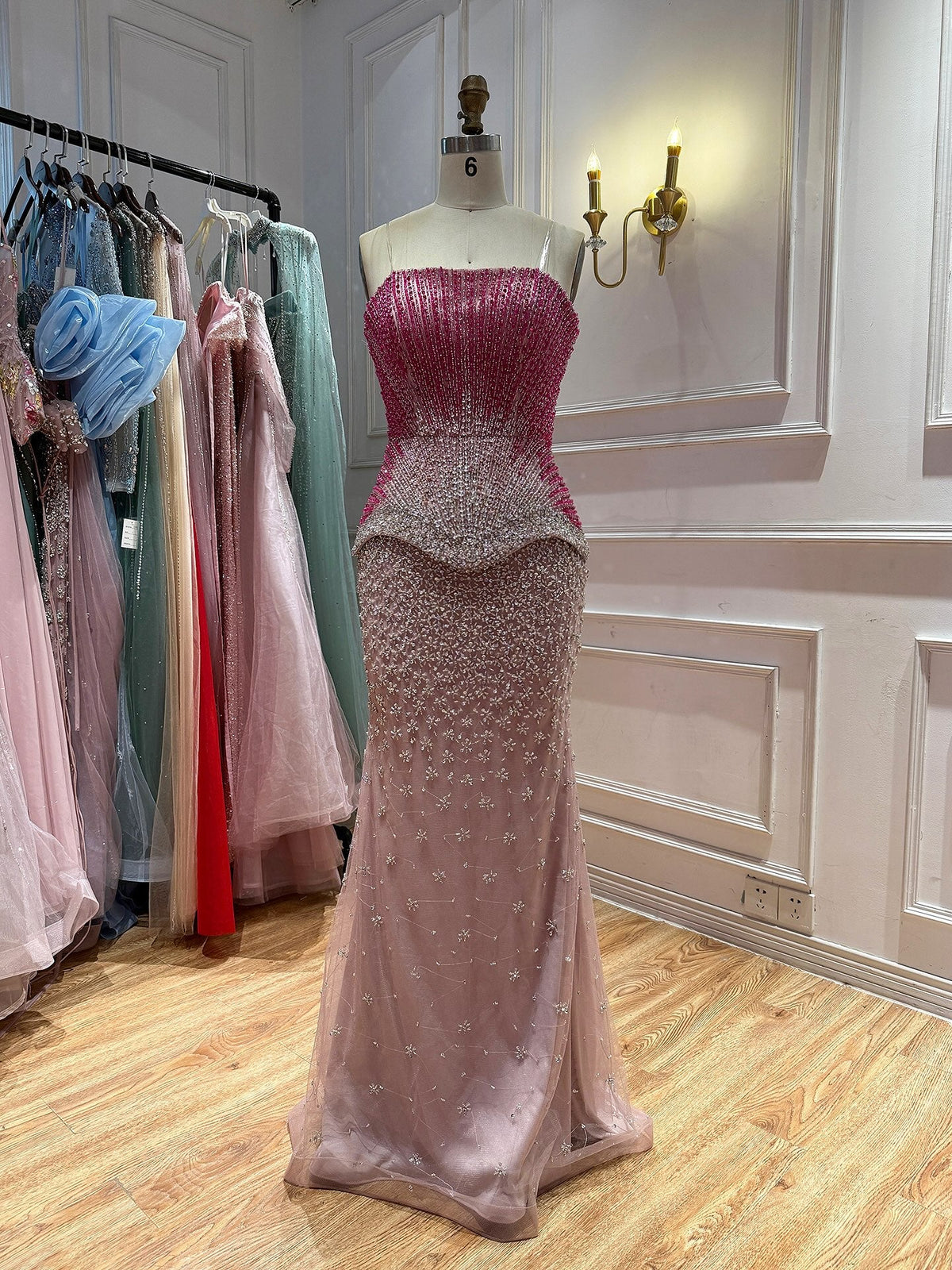 Luxury Rose Pink Beaded Strapless Mermaid Gown LA73984