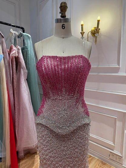 Luxury Rose Pink Beaded Strapless Mermaid Gown LA73984