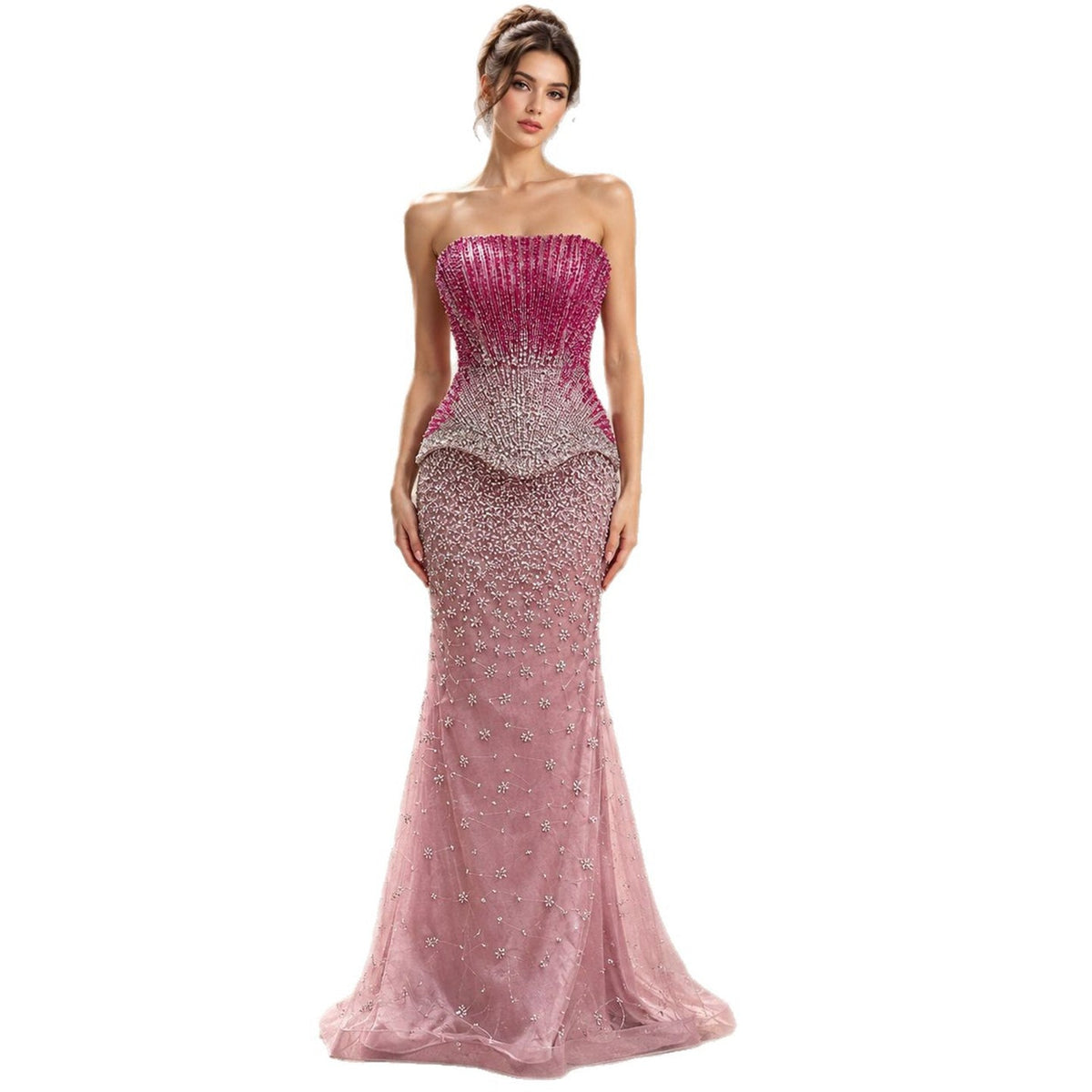 Luxury Rose Pink Beaded Strapless Mermaid Gown LA73984
