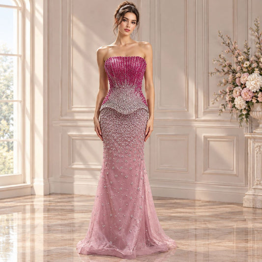 Luxury Rose Pink Beaded Strapless Mermaid Gown LA73984