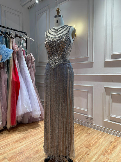 Silver Crystal Beaded Tassel Illusion Bodice Mermaid Evening Dress LA73987