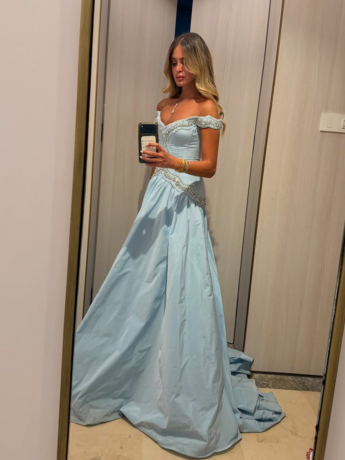 Blue Crystal Beaded Off Shoulder A Line Evening Dress LA73988