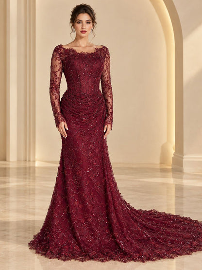 Glamorous Wine Red Beaded Lace Ruched Mermaid Dress LA73991