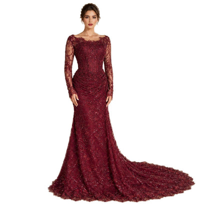 Glamorous Wine Red Beaded Lace Ruched Mermaid Dress LA73991