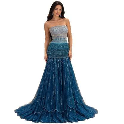 Elegant Green Pearl Beaded Strapless A Line Evening Dress LA73992