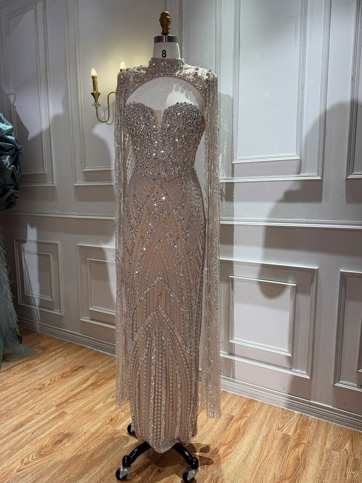 Nude Crystal Beaded Tassel Cape Sleeve Mermaid Evening Dress LA73993