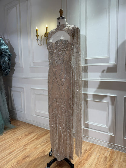 Nude Crystal Beaded Tassel Cape Sleeve Mermaid Evening Dress LA73993