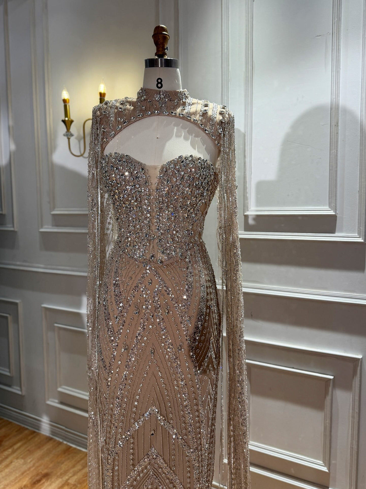 Nude Crystal Beaded Tassel Cape Sleeve Mermaid Evening Dress LA73993