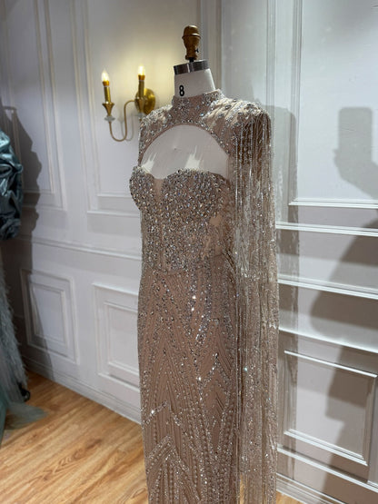 Nude Crystal Beaded Tassel Cape Sleeve Mermaid Evening Dress LA73993