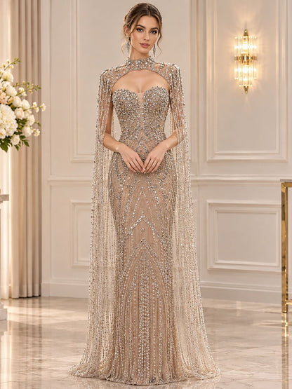 Nude Crystal Beaded Tassel Cape Sleeve Mermaid Evening Dress LA73993