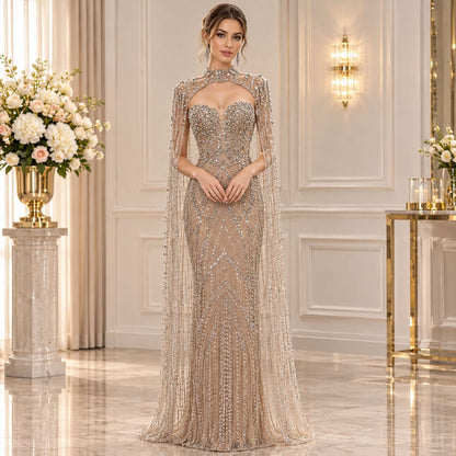 Nude Crystal Beaded Tassel Cape Sleeve Mermaid Evening Dress LA73993
