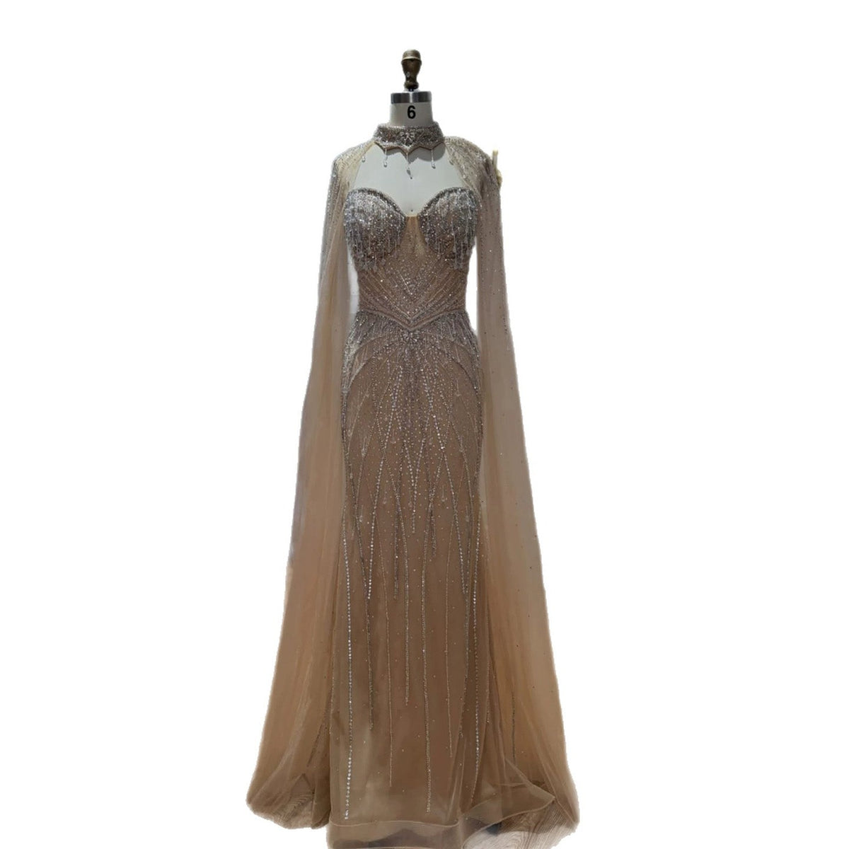 Luxury Nude Crystal Beaded Tassel Mermaid Evening Dress LA73908A
