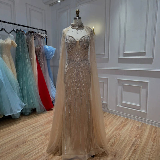 Luxury Nude Crystal Beaded Tassel Mermaid Evening Dress LA73908A