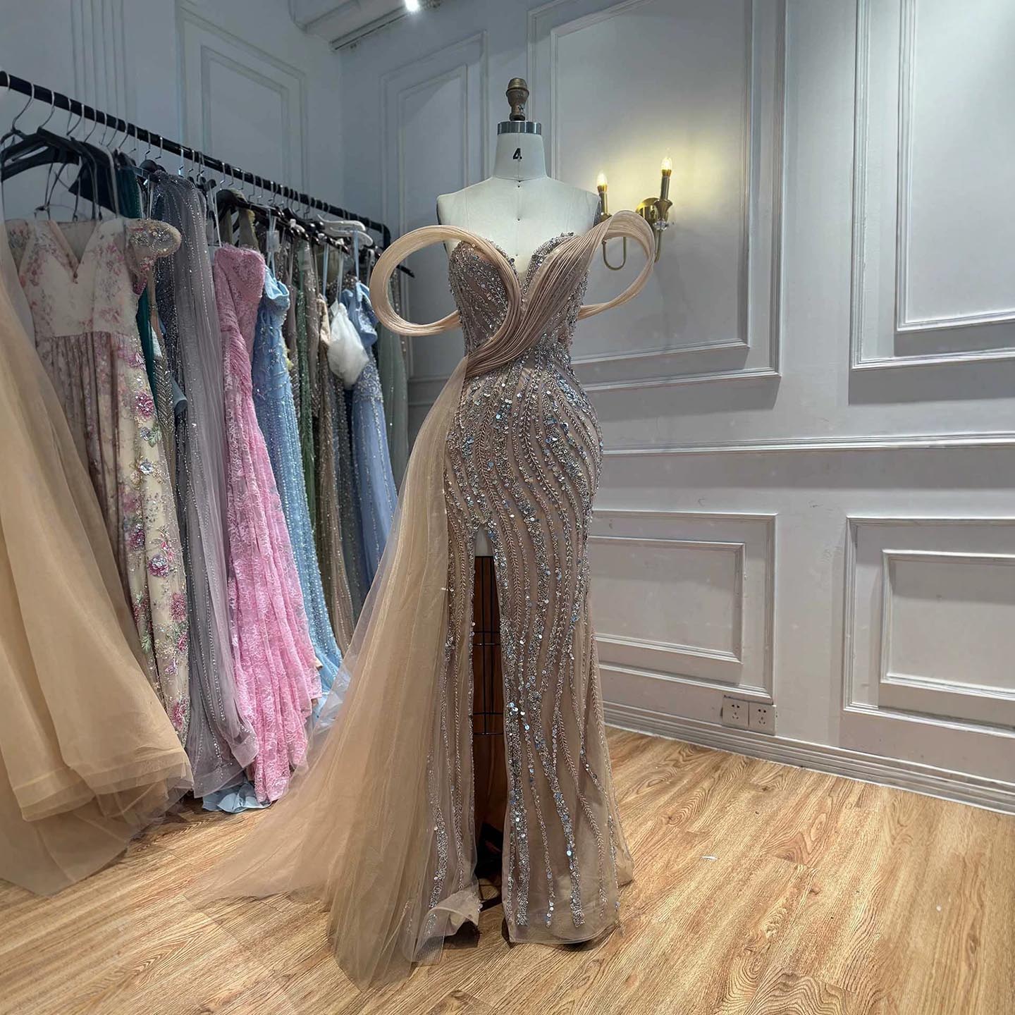 Luxury Nude Sequin Beaded Mermaid Dress With High Slit LA73914
