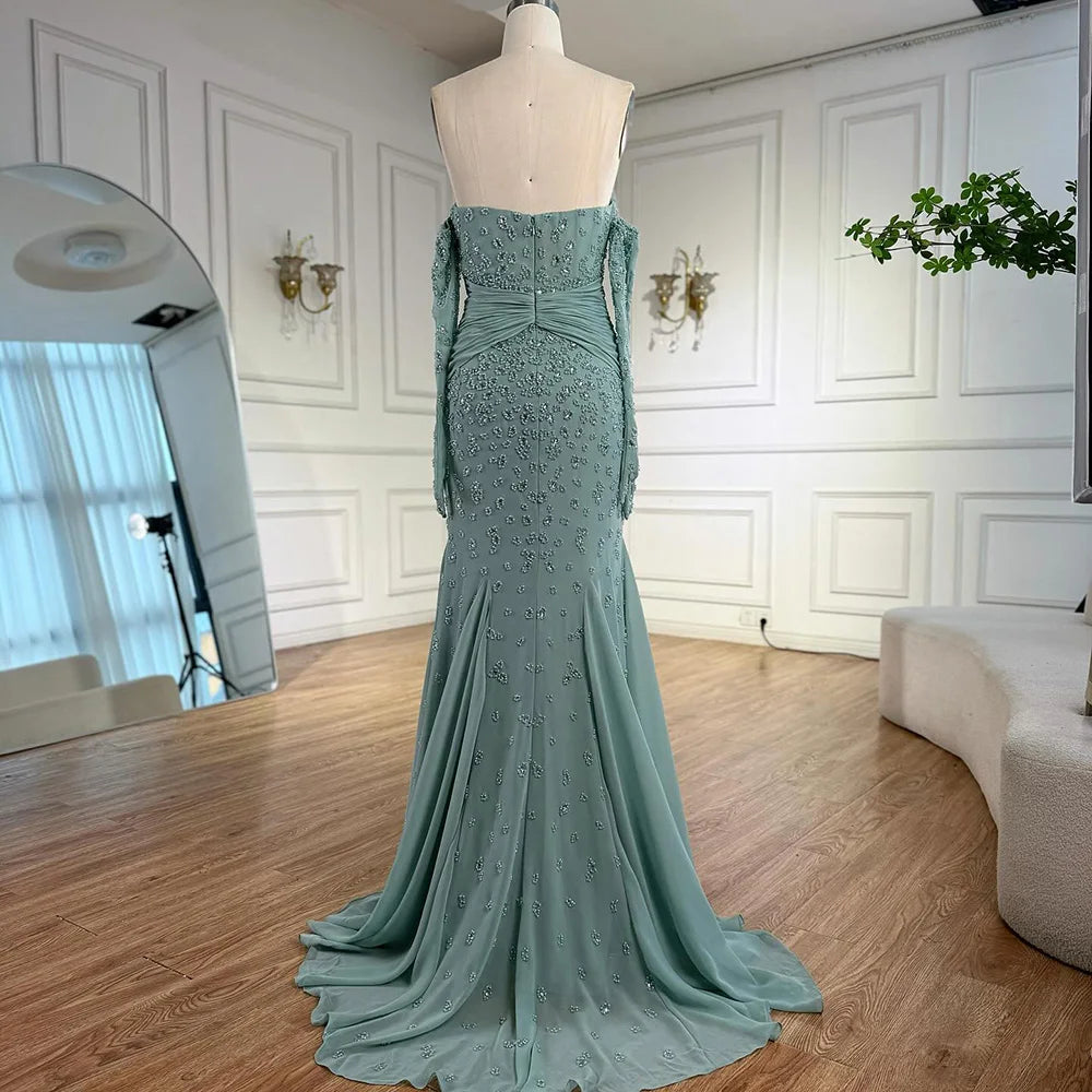 Luxury Turquoise Strapless Beaded Mermaid Evening Dress with Gloves LA72933