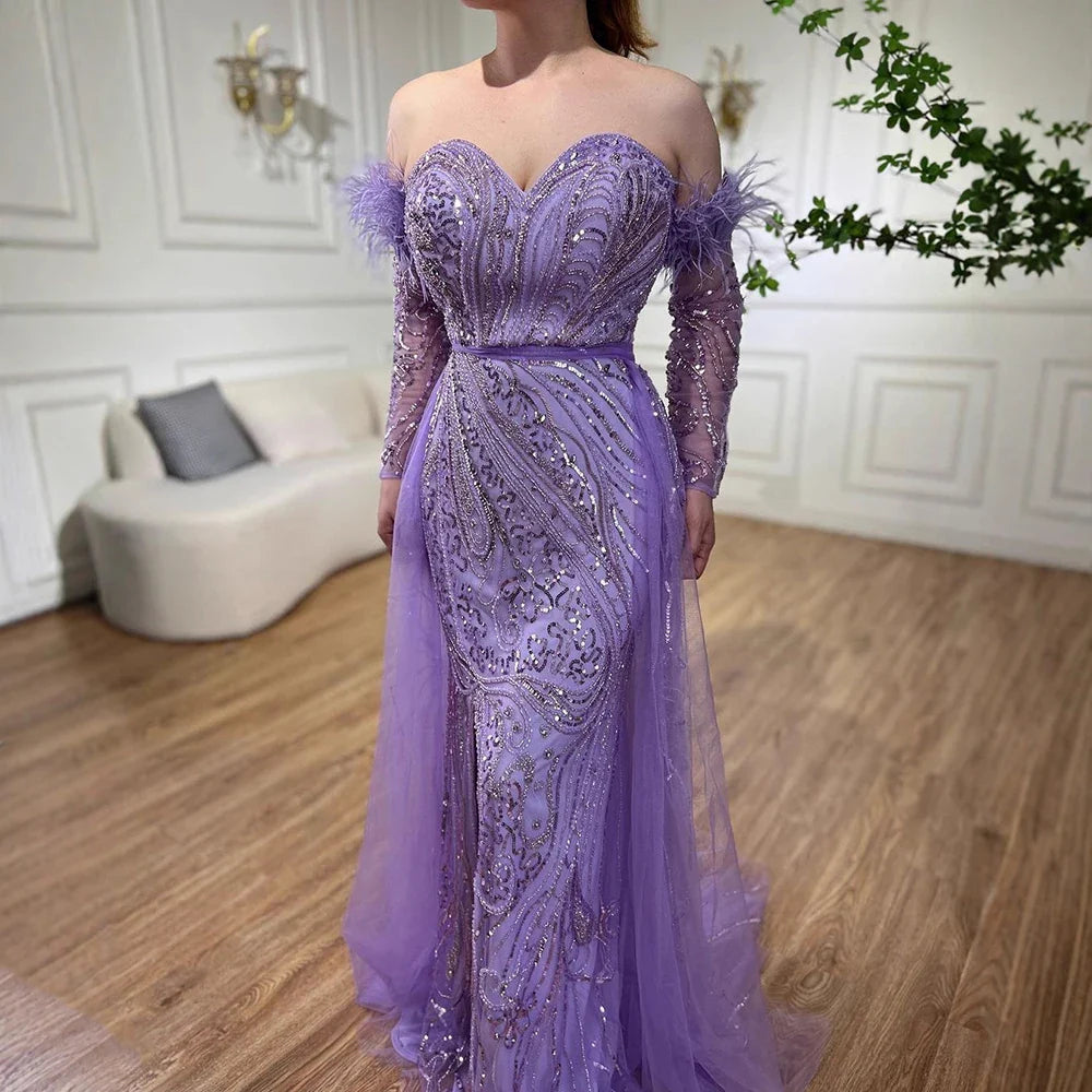 Luxury Arabic Nude Mermaid High Split Feather Beaded Evening Dress LA71910