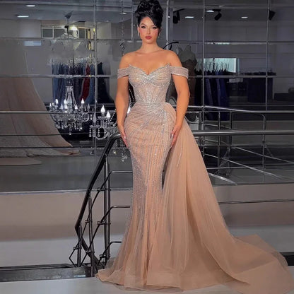 Luxury Nude Off Shoulder Beaded Mermaid Gown with Overskirt LA73139