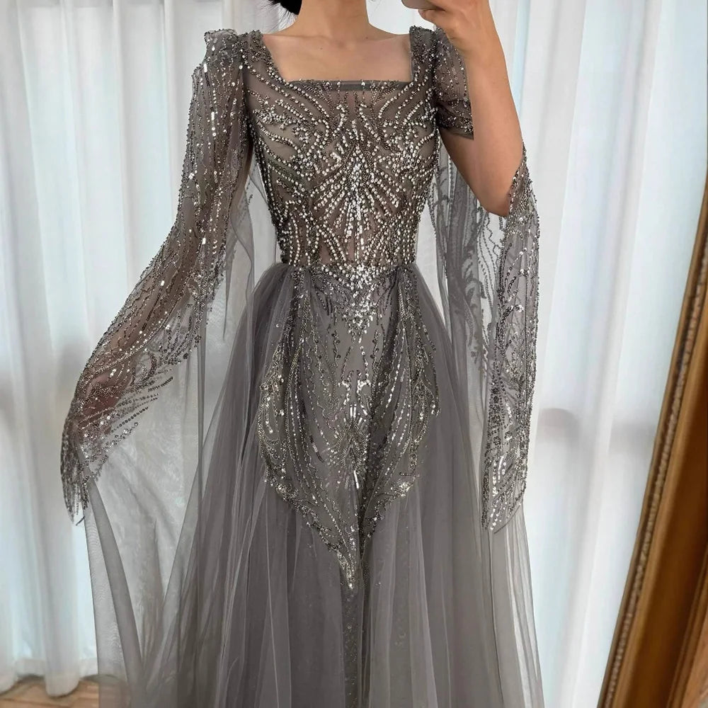 Luxury Gray A Line Beaded Evening Dress for Women LA73088