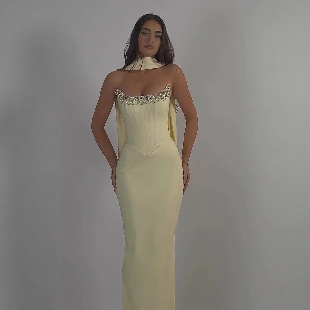 Luxury Yellow Crystal Beaded Mermaid Luxury Evening Dress Elegant LA73175A