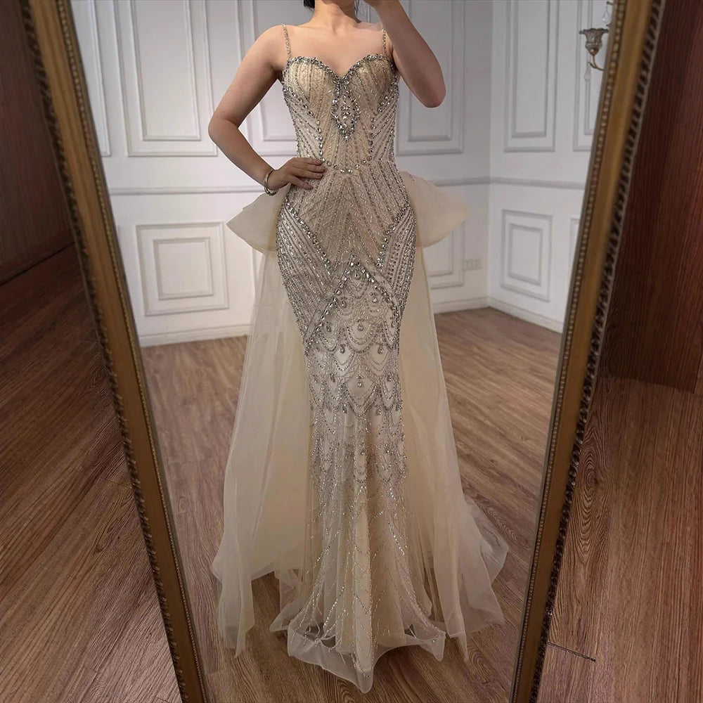 Luxury Pink Crystal Beaded Mermaid Evening Dress with Overskirt LA73143