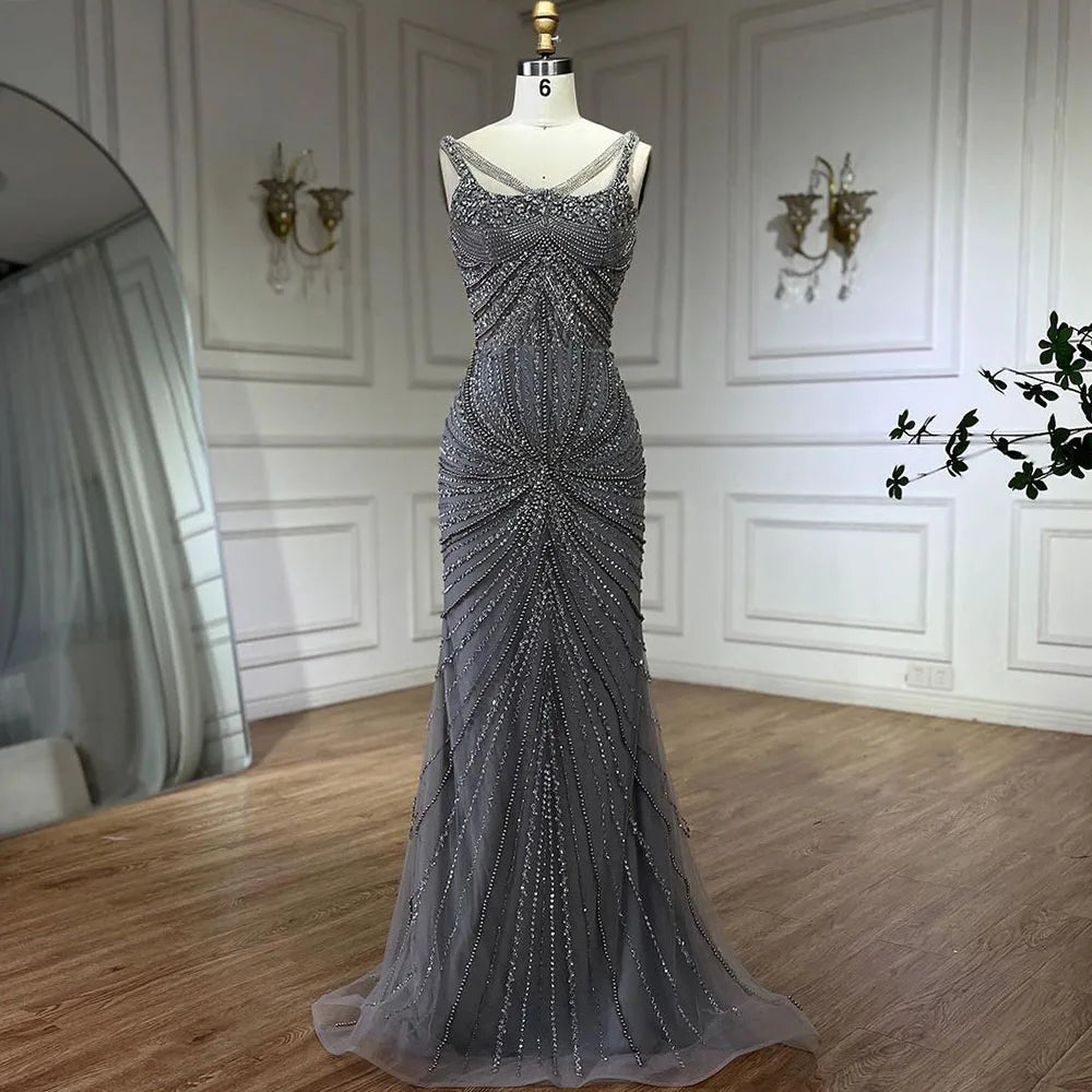 Luxury Nude Pearl Beaded Mermaid Evening Dress with Spaghetti Straps LA72356