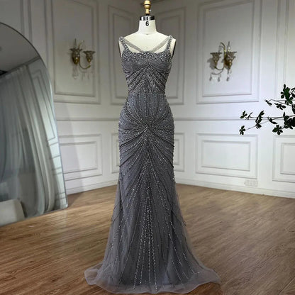 Luxury Nude Pearl Beaded Mermaid Evening Dress with Spaghetti Straps LA72356