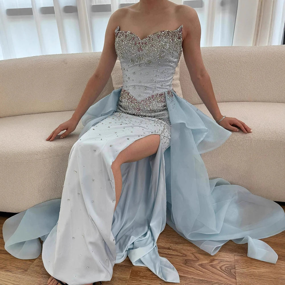 Luxury Blue Crystal Beaded Mermaid Evening Dress with Overskirt LA73145